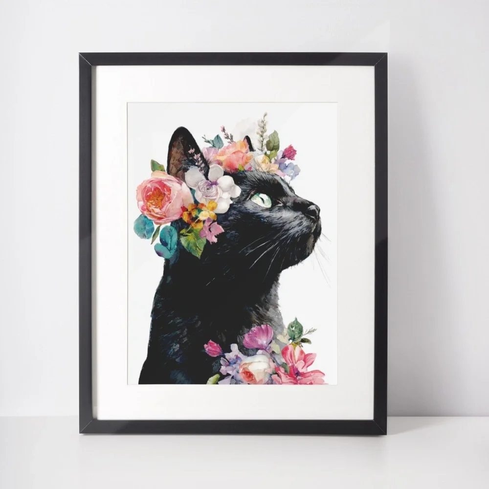 Watercolor Black Cat With Flowers Portrait Wall Art Print Unframed - Picture 2 of 6